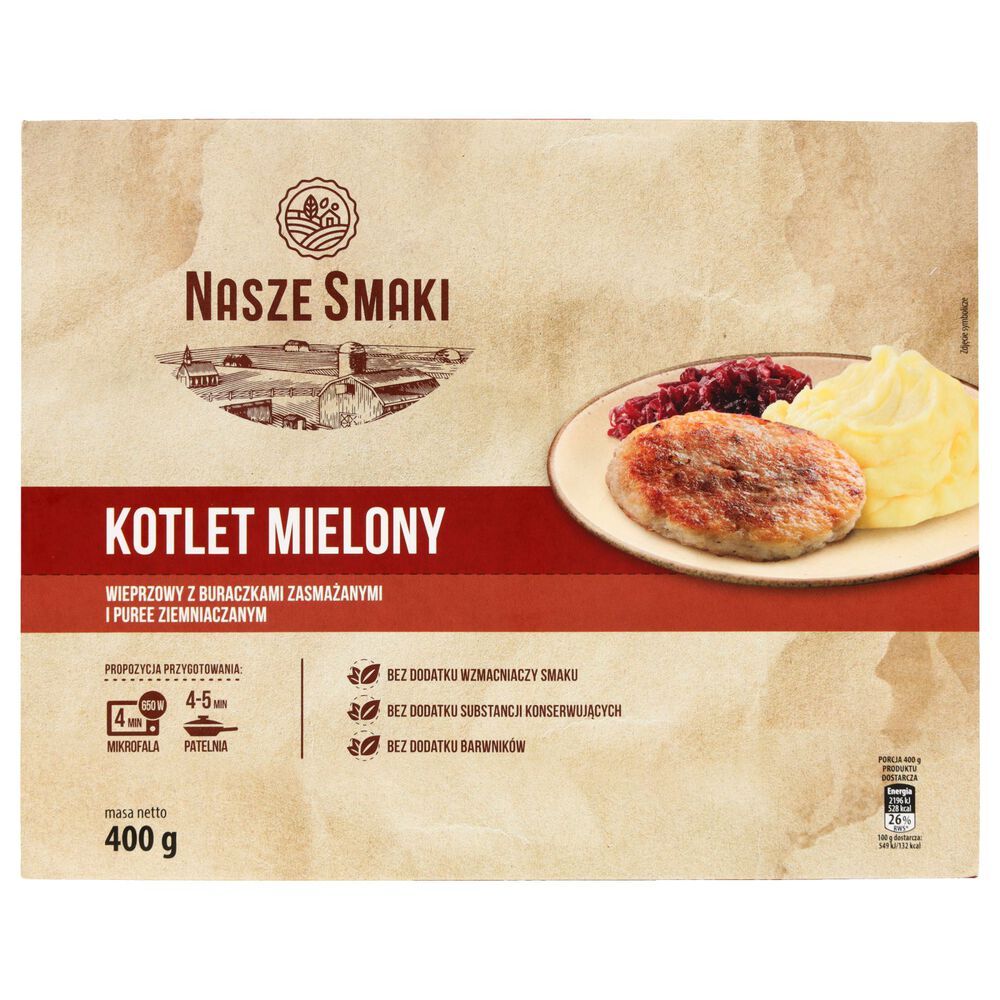 Nasze Smaki Kotlet mielony wieprzowy z buraczkami zasmażanymi i puree ziemniaczanym 400 g. /szt.